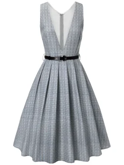 Online Retro Stage 1940s Deep V-Neck Glen Plaid Dress Grey