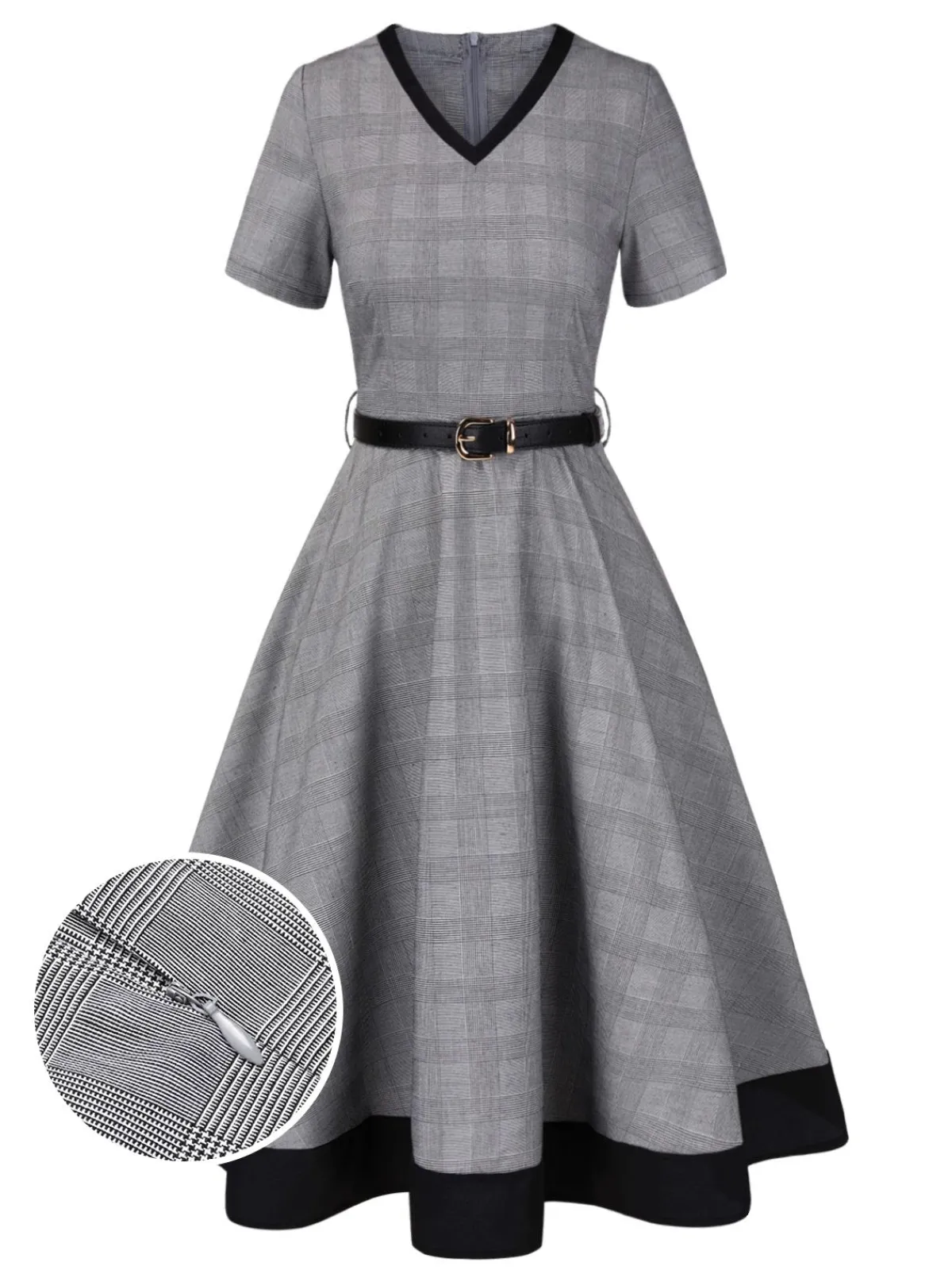 Fashion Retro Stage 1950s Plaid V-Neck Belted Dress Grey