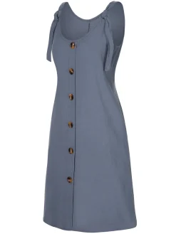 New Retro Stage 1970s Solid Buttoned Straps Dress Grey
