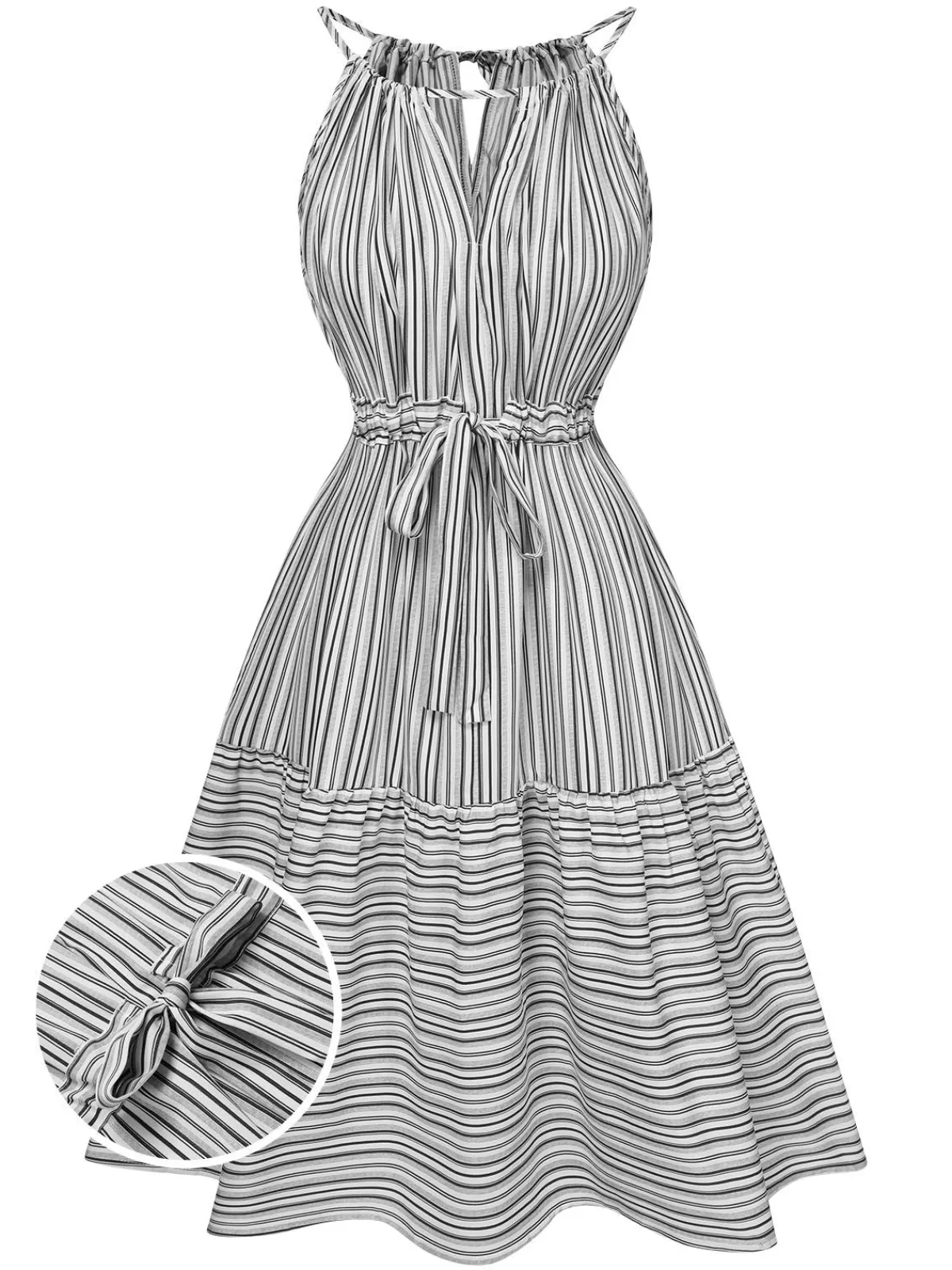 Sale Retro Stage 1940s Striped Pleated Belt Dress Grey