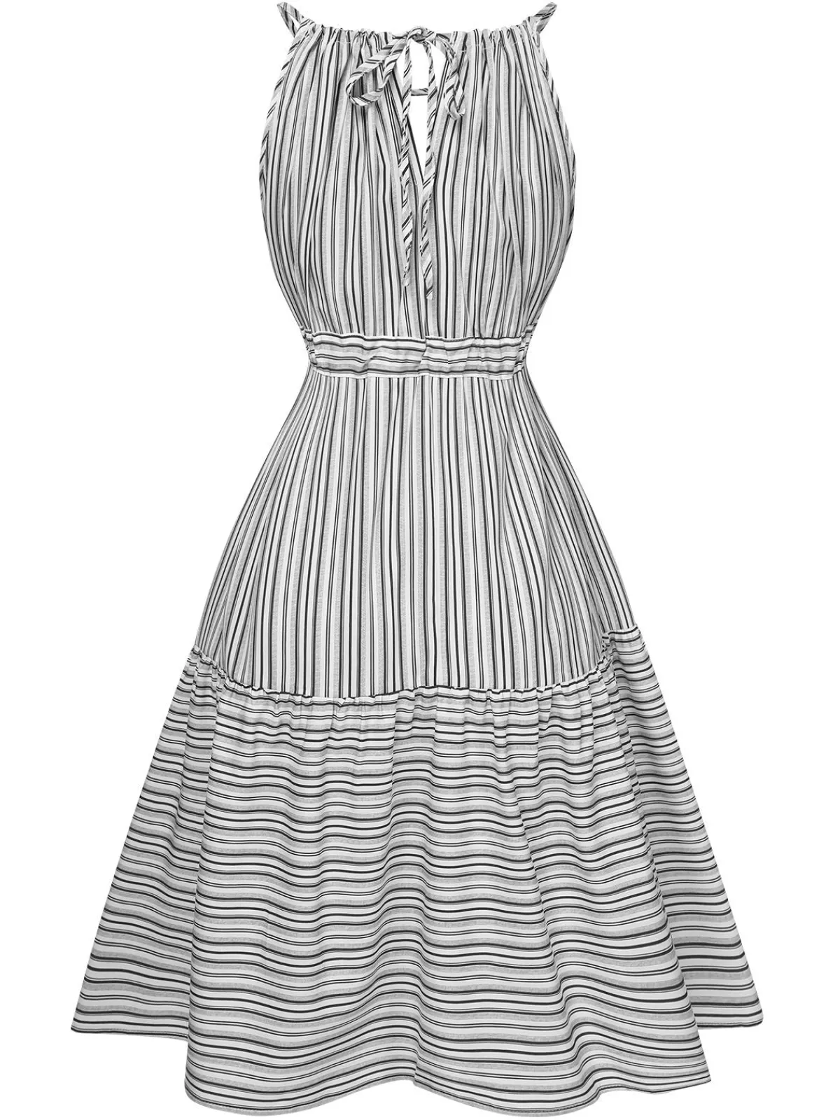 Sale Retro Stage 1940s Striped Pleated Belt Dress Grey