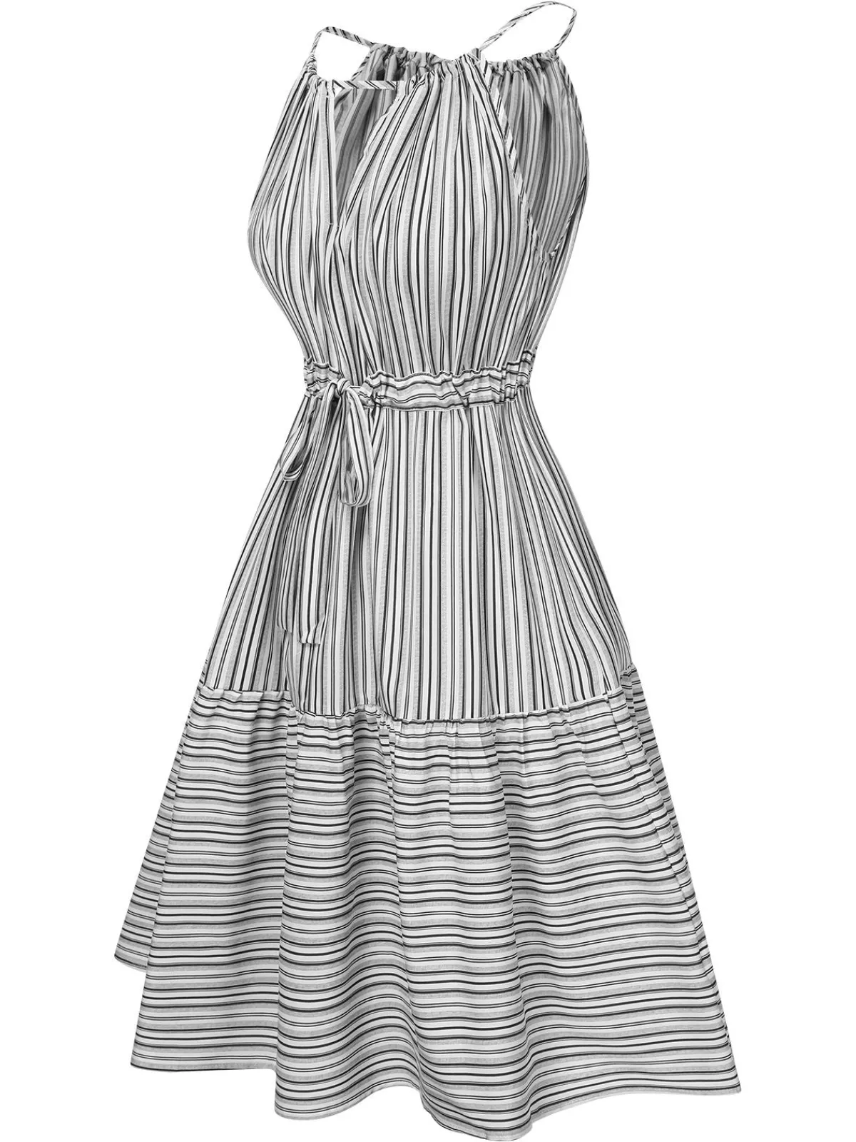 Sale Retro Stage 1940s Striped Pleated Belt Dress Grey