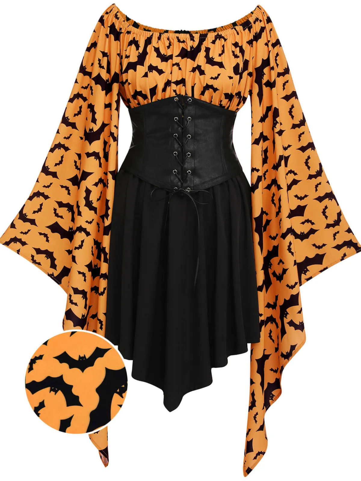 Online Retro Stage Halloween Gothic Bat Empire Waist Dress Orange & Black
