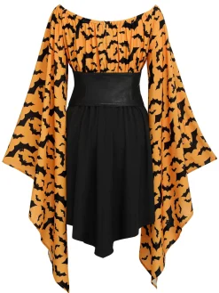 Online Retro Stage Halloween Gothic Bat Empire Waist Dress Orange & Black