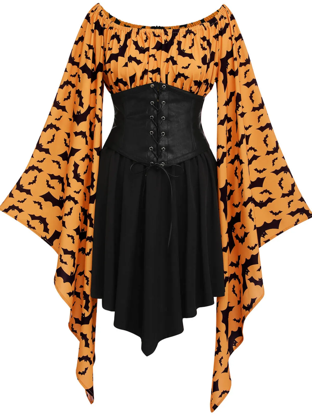 Online Retro Stage Halloween Gothic Bat Empire Waist Dress Orange & Black