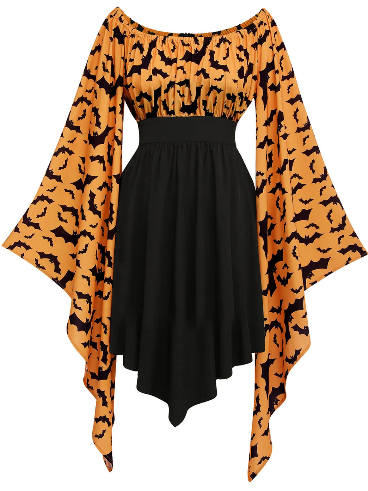 Online Retro Stage Halloween Gothic Bat Empire Waist Dress Orange & Black