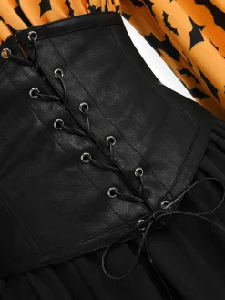 Online Retro Stage Halloween Gothic Bat Empire Waist Dress Orange & Black