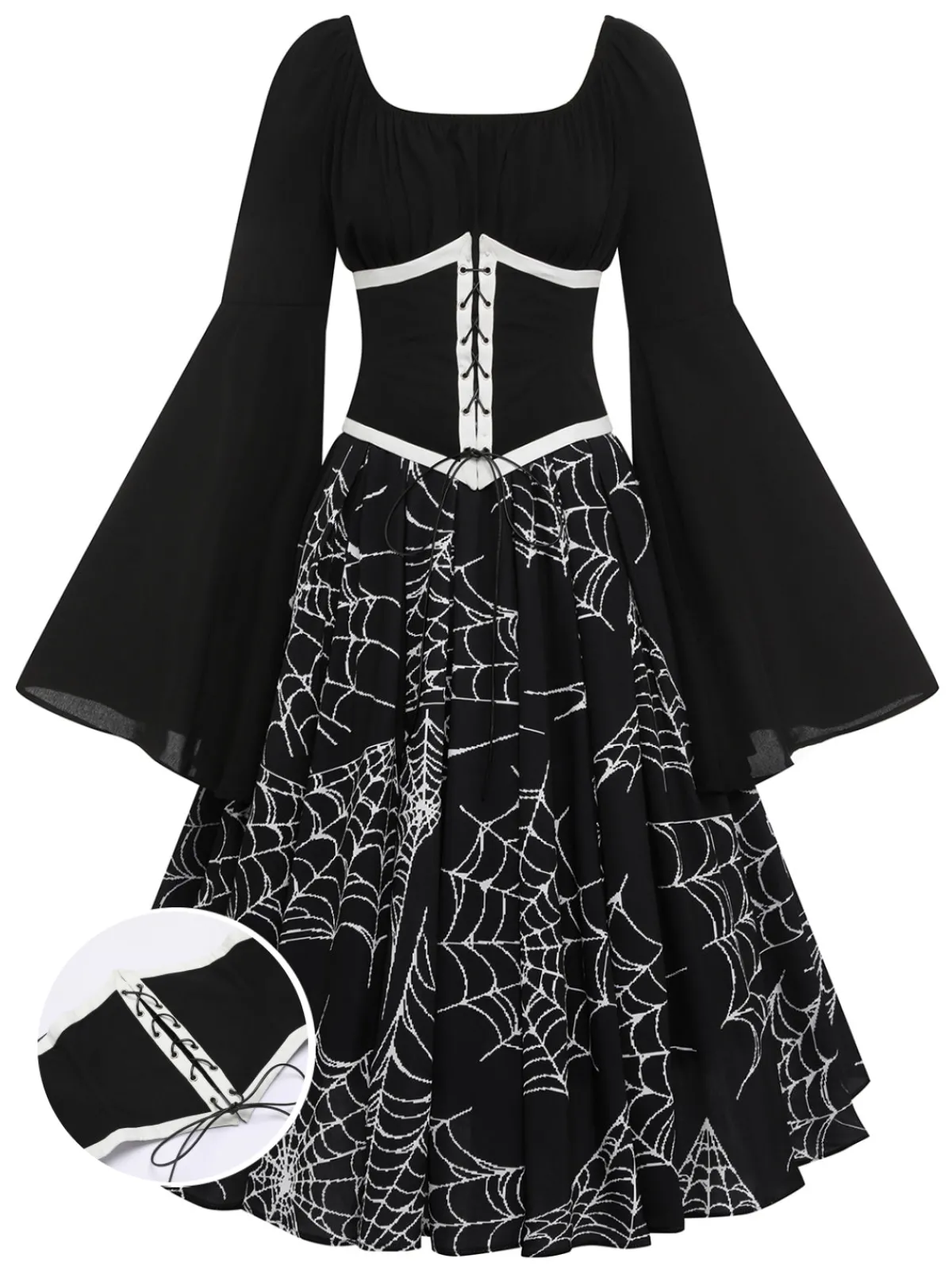 Online Retro Stage Halloween Gothic Spider Web Swing Dress Black