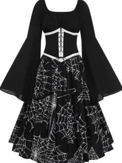 Online Retro Stage Halloween Gothic Spider Web Swing Dress Black