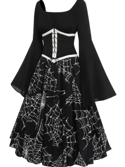 Online Retro Stage Halloween Gothic Spider Web Swing Dress Black