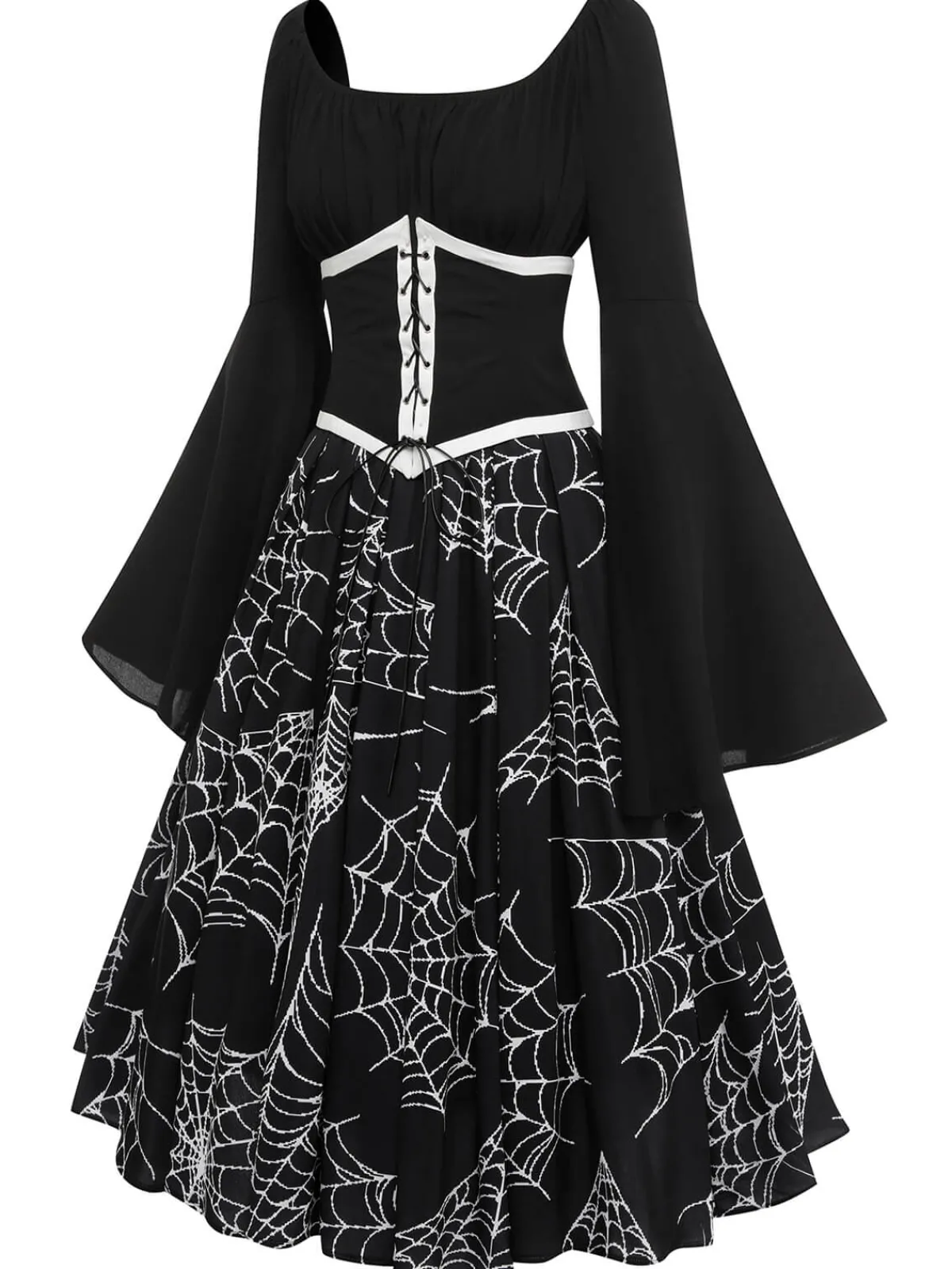 Online Retro Stage Halloween Gothic Spider Web Swing Dress Black