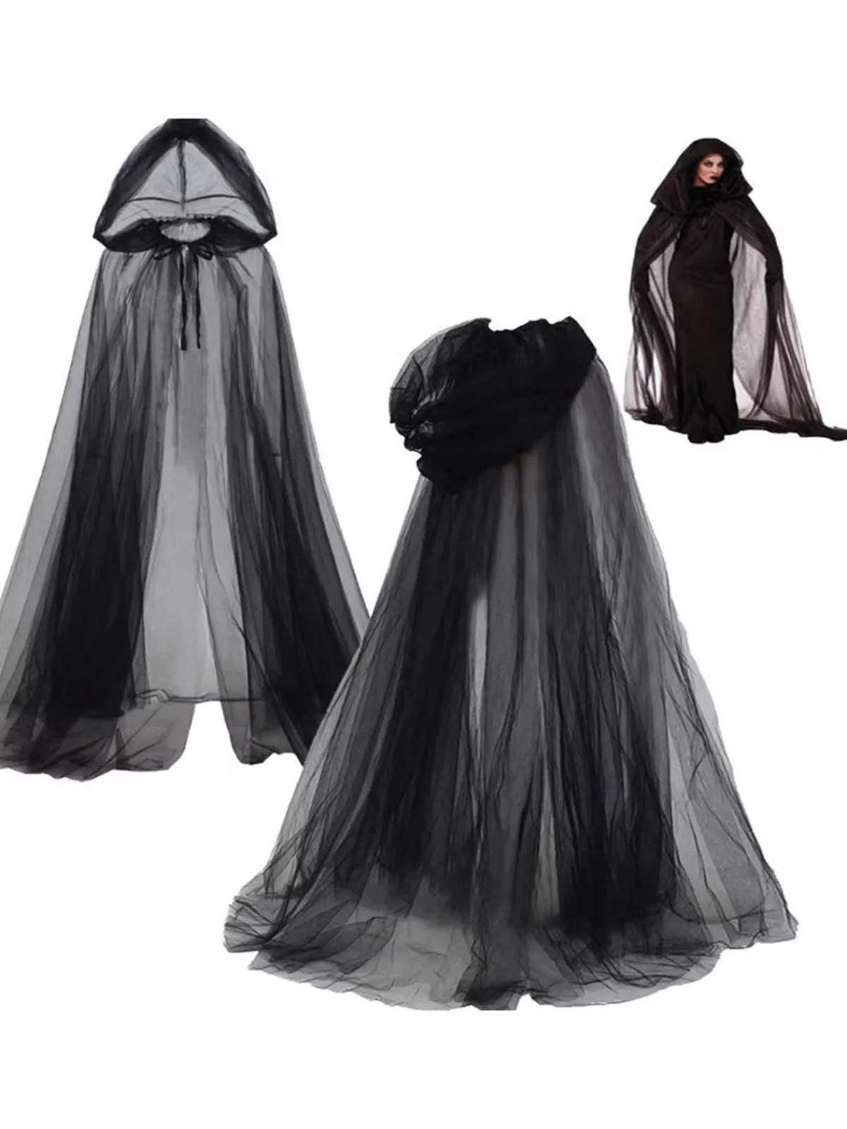 Sale Retro Stage Halloween Retro Gothic Tulle Hooded Cape Cloak