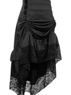 Fashion Retro Stage Halloween Solid Lace Gothic Ruffle Skirt Wine Red