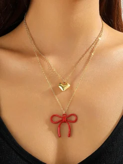 Sale Retro Stage Heart Bow Double Layer Necklace