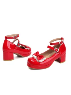 Sale Retro Stage Heart Pearl Bow Mary Jane Heels