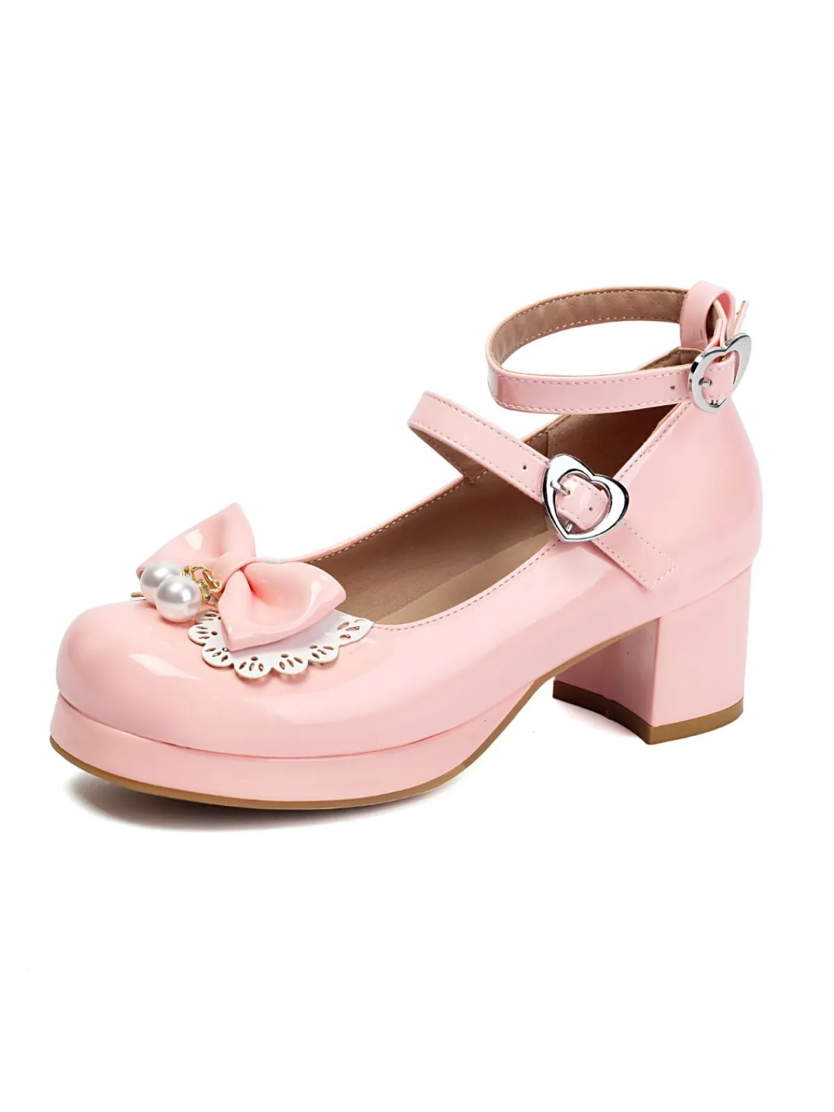 Sale Retro Stage Heart Pearl Bow Mary Jane Heels