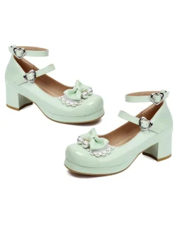 Sale Retro Stage Heart Pearl Bow Mary Jane Heels