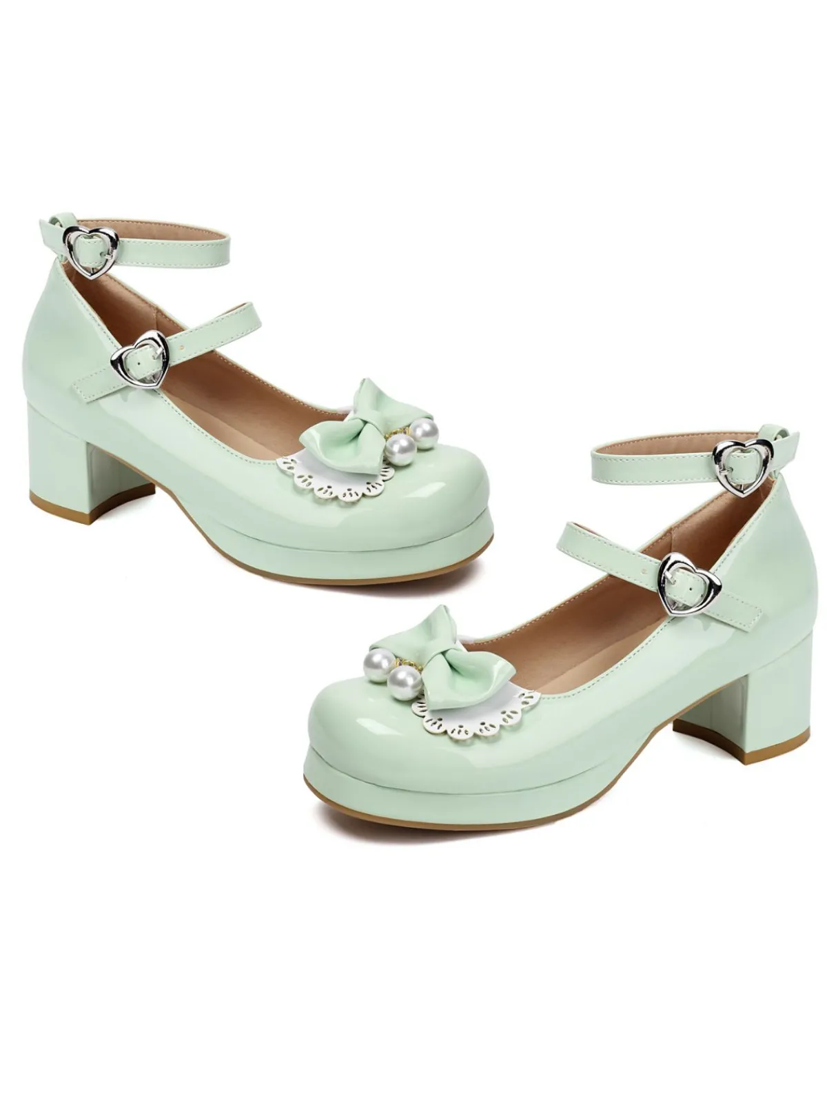 Sale Retro Stage Heart Pearl Bow Mary Jane Heels