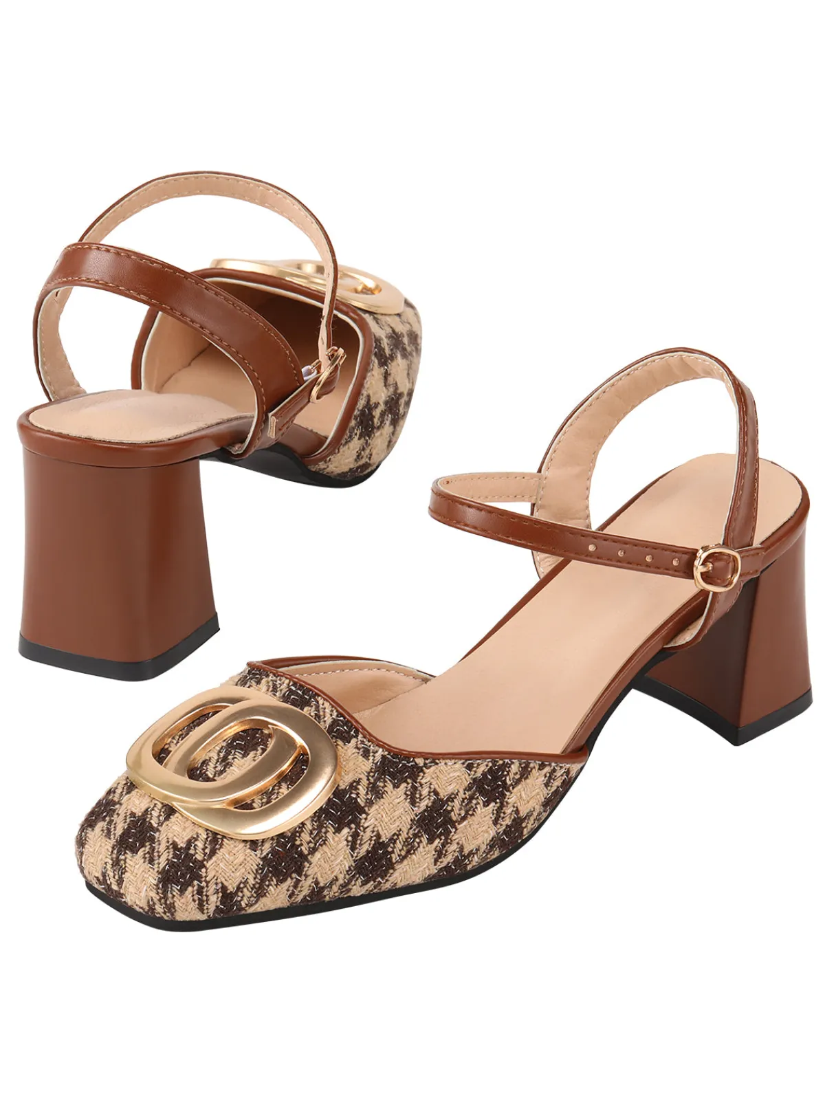 Hot Retro Stage Houndstooth Metal Buckle Chunky Heels Brown