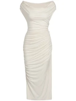 Clearance Retro Stage 1960s Cap Sleeve Slim Pleated Dress Ivory