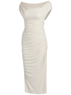 Clearance Retro Stage 1960s Cap Sleeve Slim Pleated Dress Ivory
