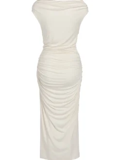 Clearance Retro Stage 1960s Cap Sleeve Slim Pleated Dress Ivory