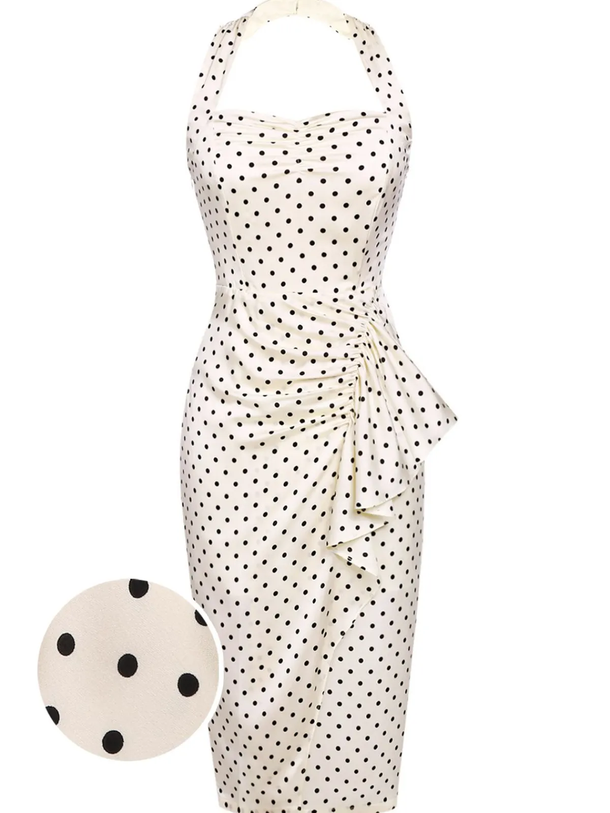 Clearance Retro Stage 1960s Polka Dot Halter Pencil Dress Ivory