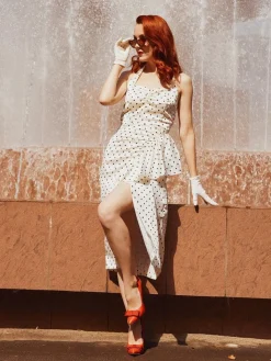 Clearance Retro Stage 1960s Polka Dot Halter Pencil Dress Ivory