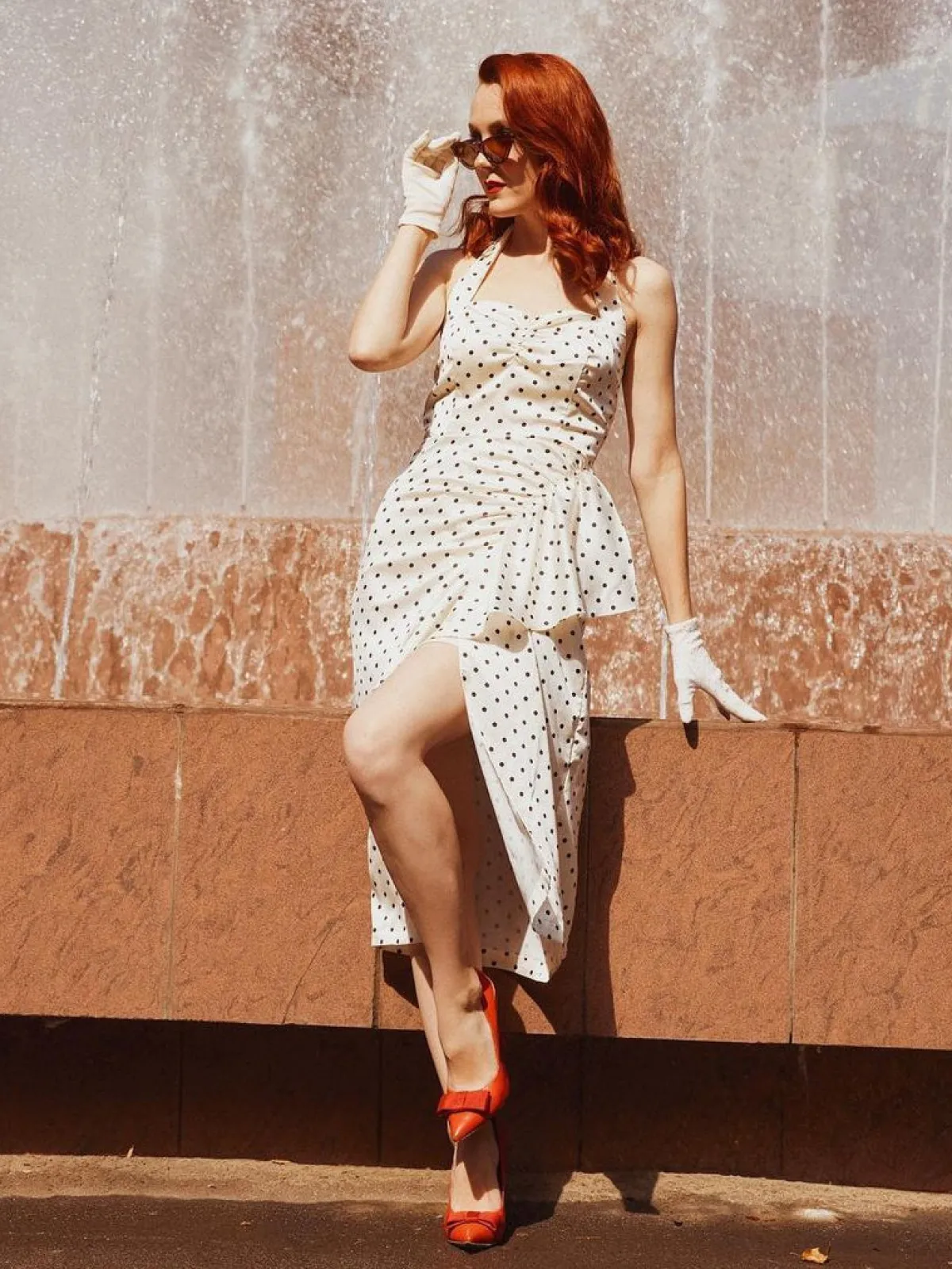 Clearance Retro Stage 1960s Polka Dot Halter Pencil Dress Ivory