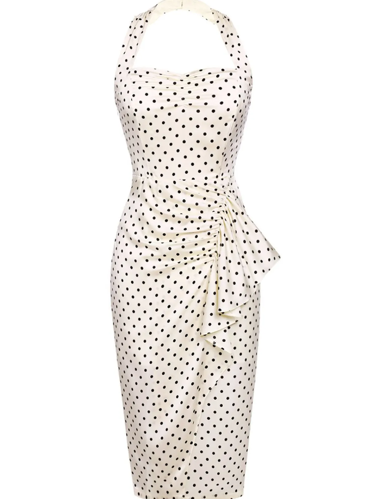 Clearance Retro Stage 1960s Polka Dot Halter Pencil Dress Ivory