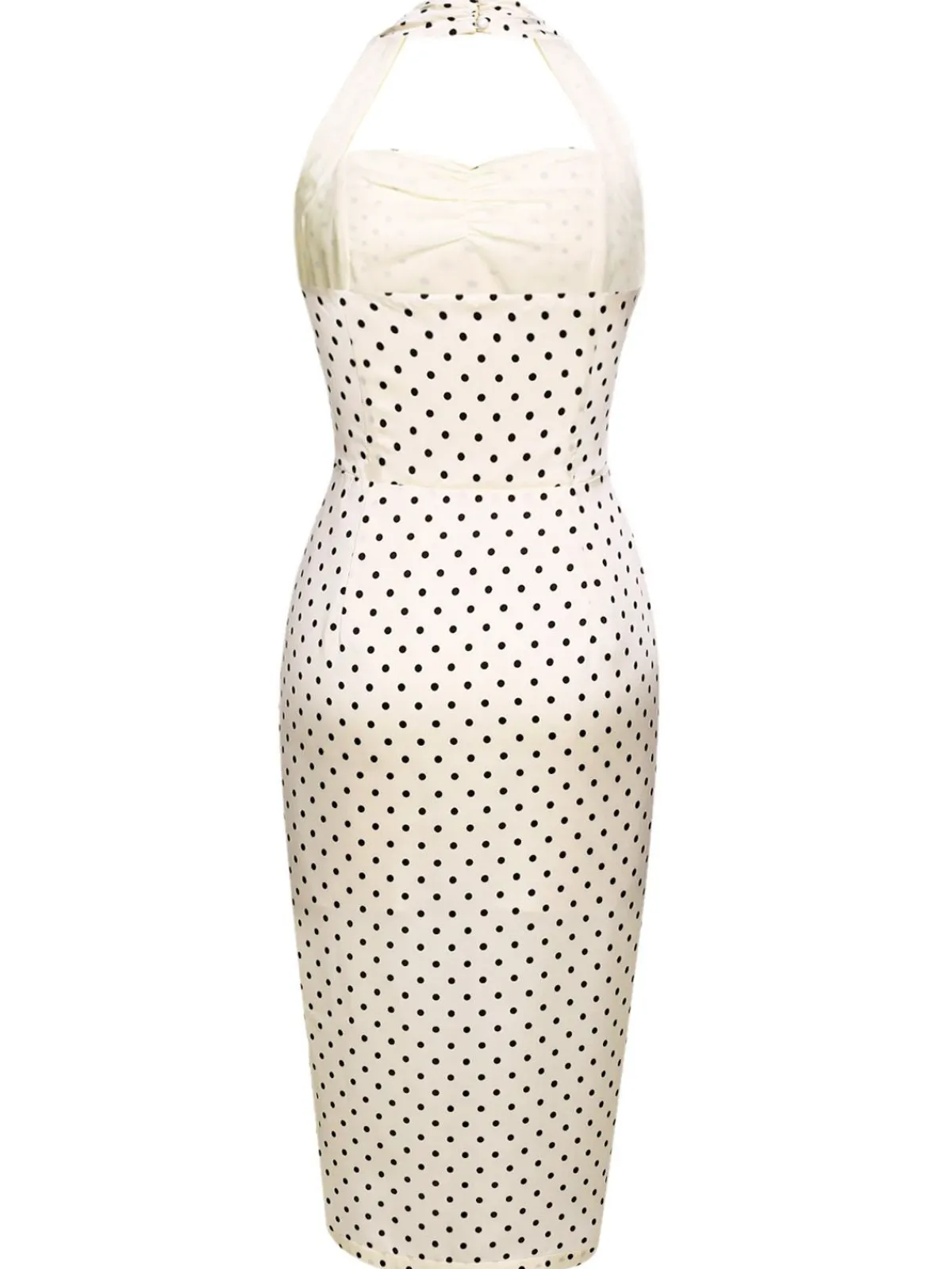 Clearance Retro Stage 1960s Polka Dot Halter Pencil Dress Ivory