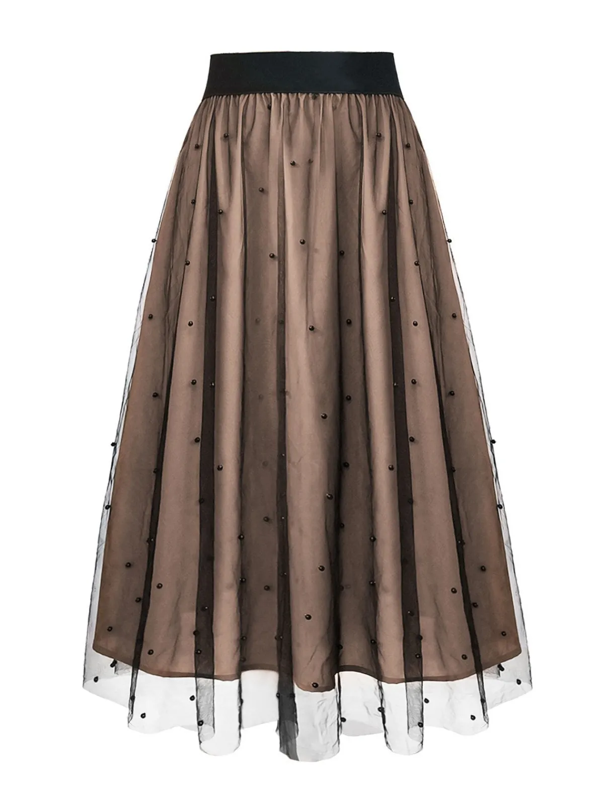 Hot Retro Stage 1950s Beading Mesh Swing Skirt Khaki