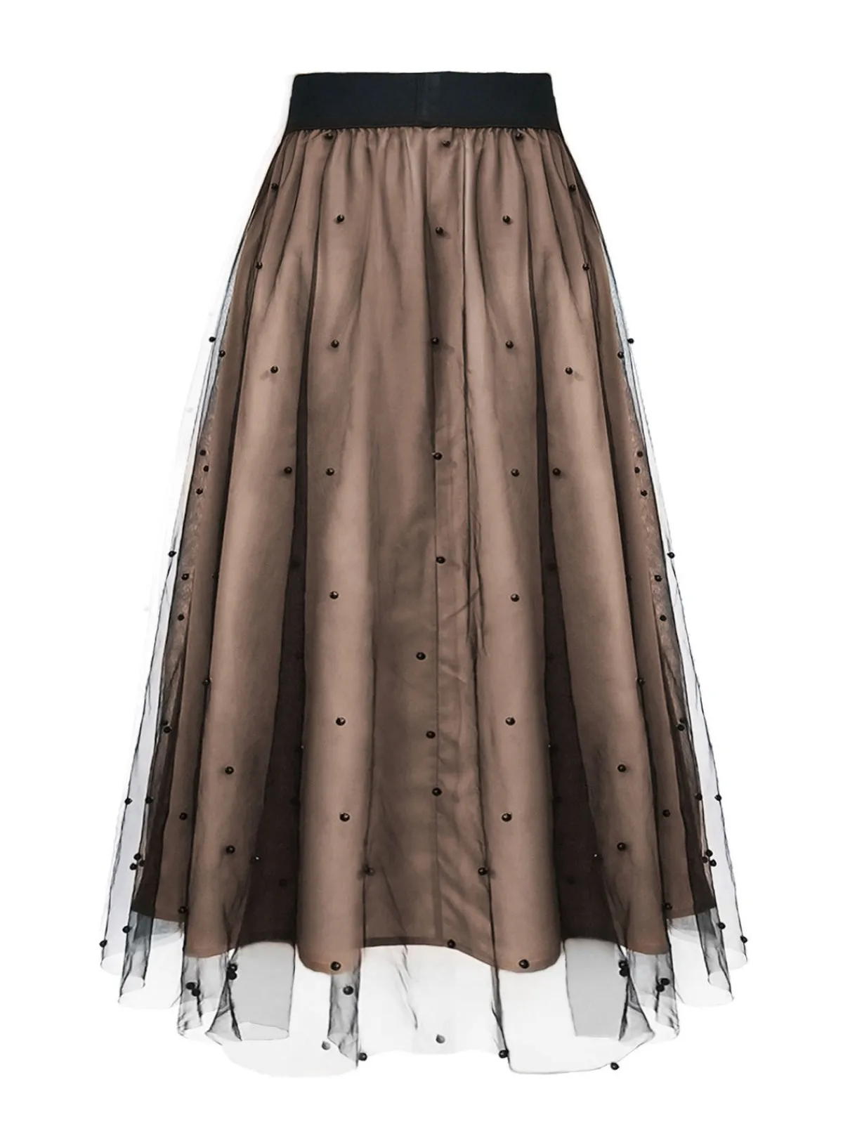 Hot Retro Stage 1950s Beading Mesh Swing Skirt Khaki