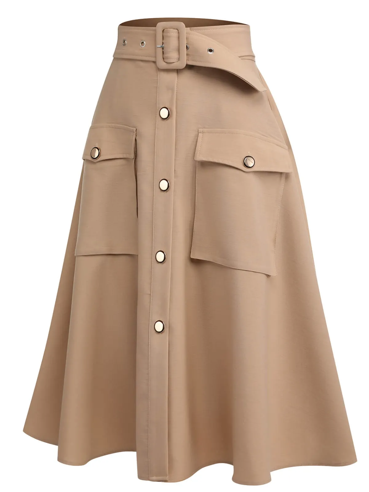 Fashion Retro Stage 1950s Big Pockets Button Skirt Khaki