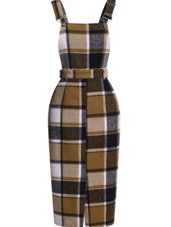 Sale Retro Stage 1960s Classic Plaid Straps Dress Khaki