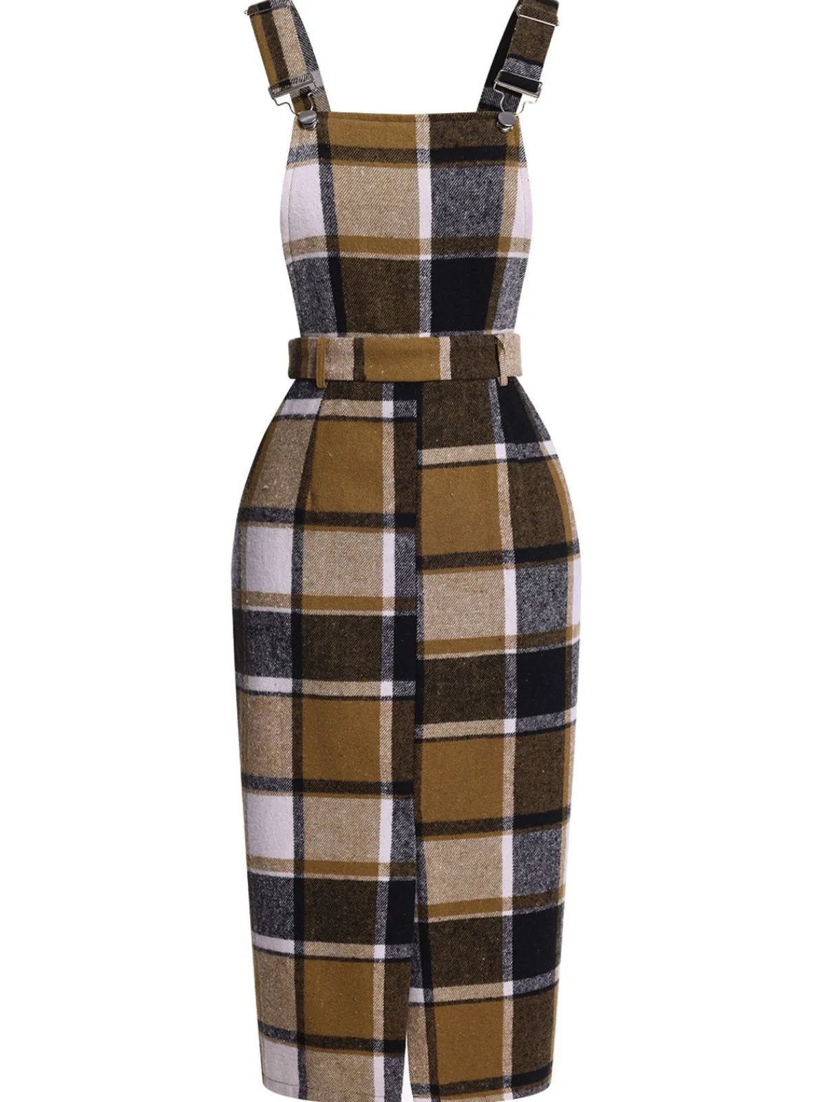 Sale Retro Stage 1960s Classic Plaid Straps Dress Khaki