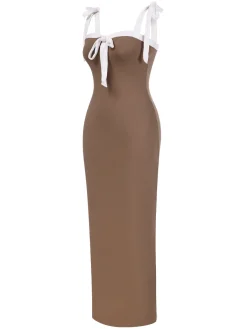 Clearance Retro Stage 1930s Contrast Shoulder Tie Bodycon Dress Khaki