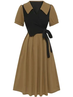 Sale Retro Stage 1940s Fake 2PCS Lapel A-Line Dress Khaki