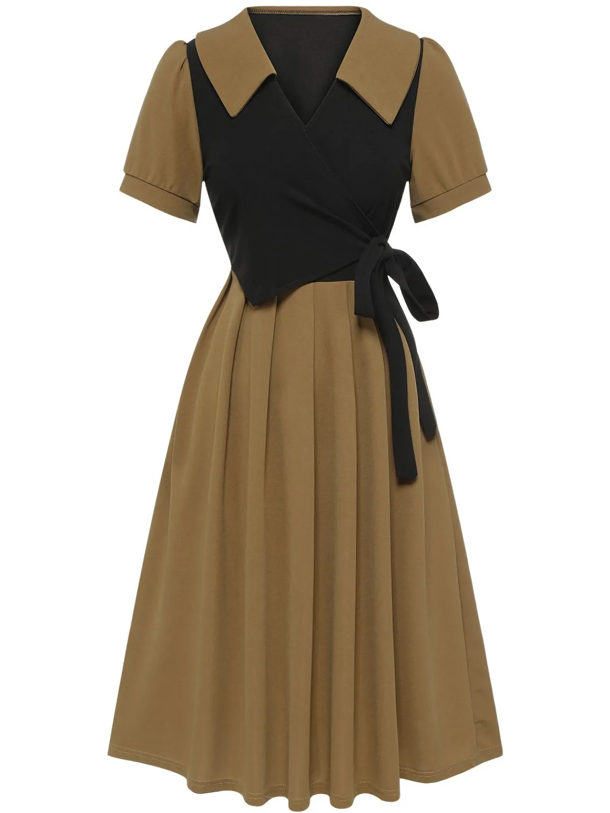 Sale Retro Stage 1940s Fake 2PCS Lapel A-Line Dress Khaki