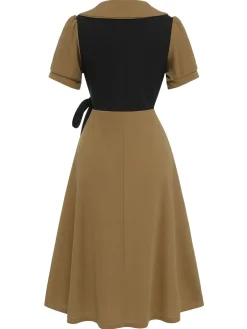 Sale Retro Stage 1940s Fake 2PCS Lapel A-Line Dress Khaki