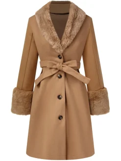 Hot Retro Stage 1950s Faux Fur Collar Button Coat Khaki