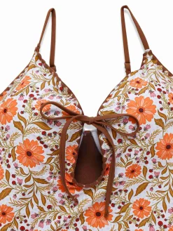 Hot Retro Stage 1950s Floral Keyhole One-Piece Swimsuit Khaki