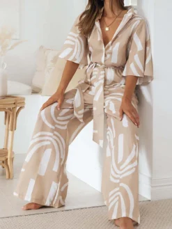 Outlet Retro Stage 1930s Geometric Printed Half Sleeves Lapel Jumpsuit Khaki