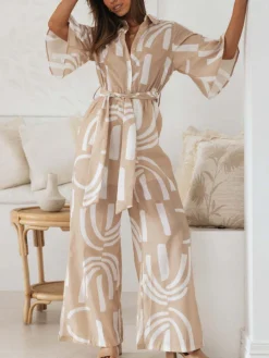 Outlet Retro Stage 1930s Geometric Printed Half Sleeves Lapel Jumpsuit Khaki