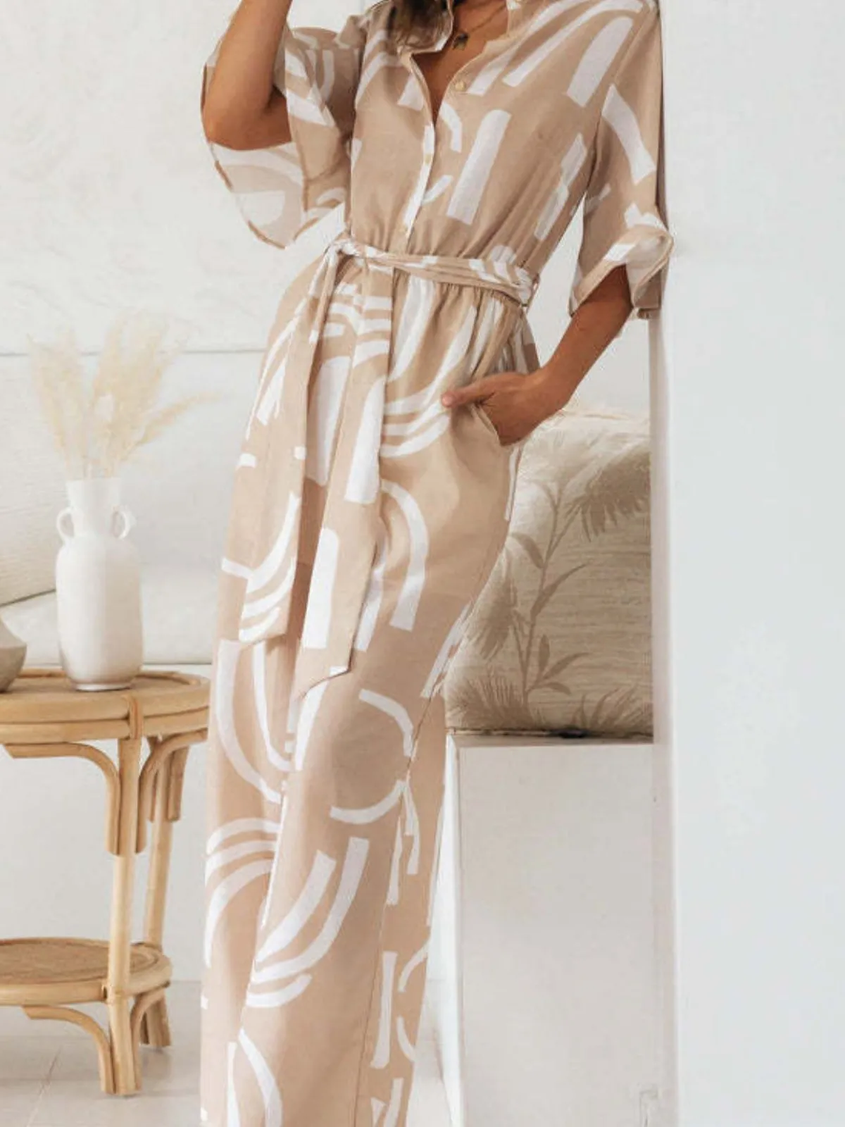 Outlet Retro Stage 1930s Geometric Printed Half Sleeves Lapel Jumpsuit Khaki