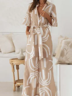 Outlet Retro Stage 1930s Geometric Printed Half Sleeves Lapel Jumpsuit Khaki
