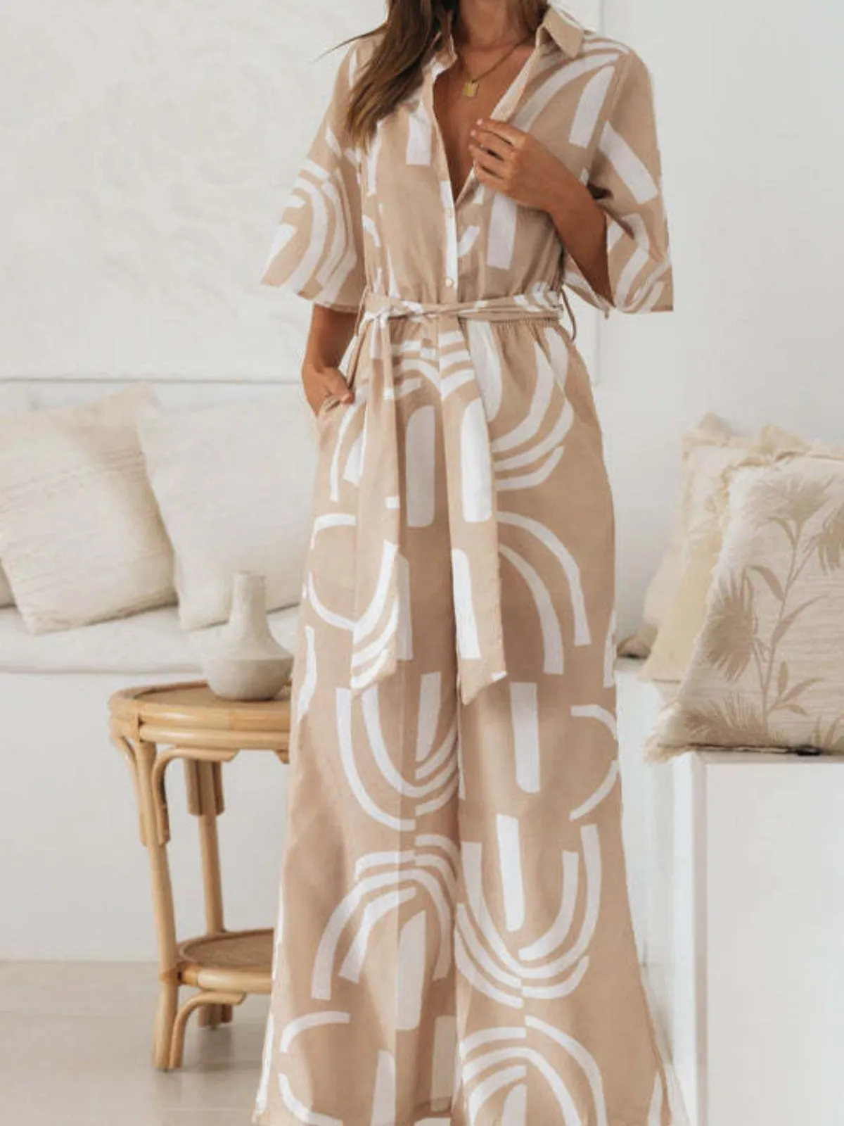 Outlet Retro Stage 1930s Geometric Printed Half Sleeves Lapel Jumpsuit Khaki