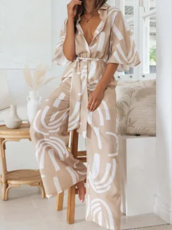 Outlet Retro Stage 1930s Geometric Printed Half Sleeves Lapel Jumpsuit Khaki