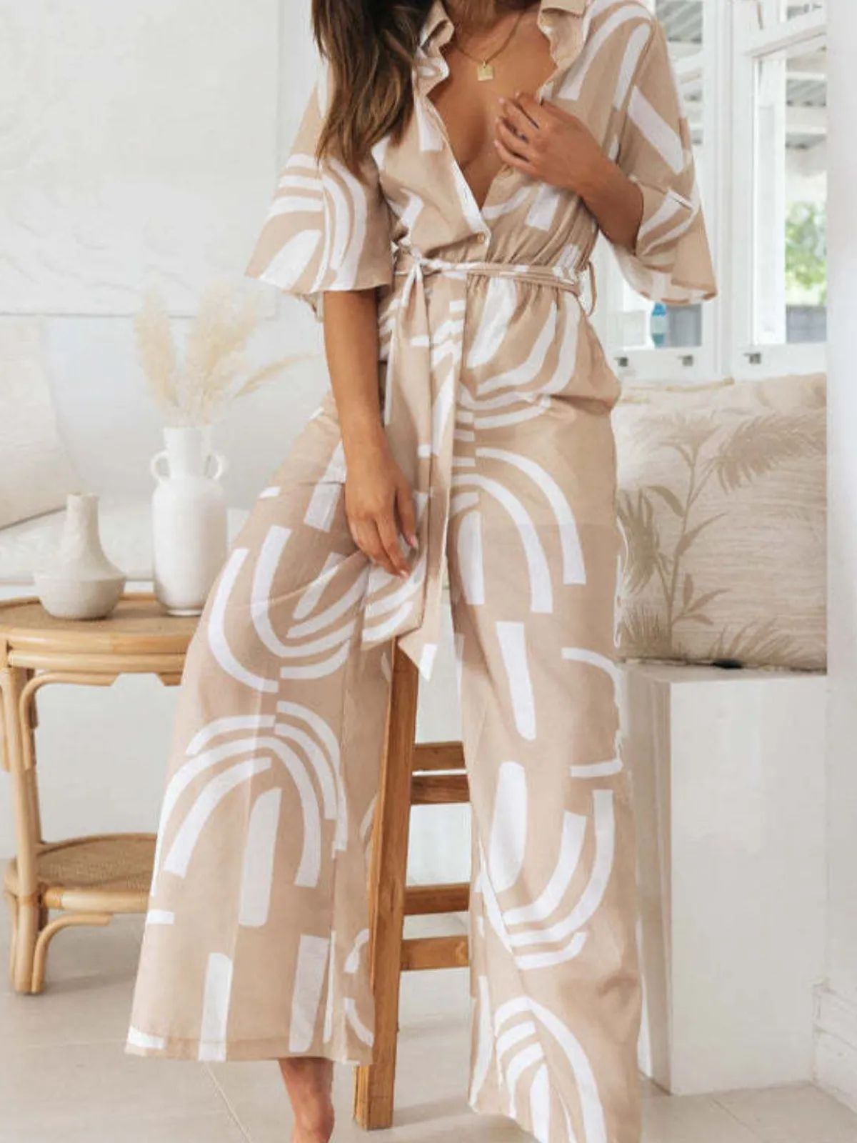 Outlet Retro Stage 1930s Geometric Printed Half Sleeves Lapel Jumpsuit Khaki