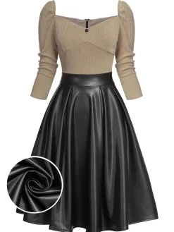 Discount Retro Stage Khaki 1950s Knitted Leather Patchwork Dress